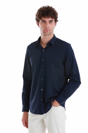 Lacivert Comfort Fit 100% Pamuk Slim Yaka Uzun Kollu Spor Gömlek | M