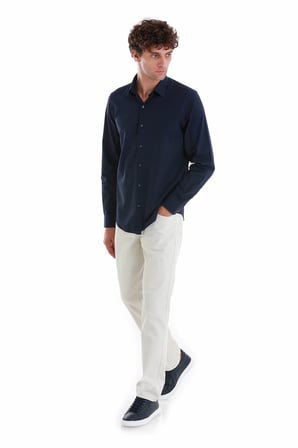 Lacivert Comfort Fit 100% Pamuk Slim Yaka Uzun Kollu Spor Gömlek | M