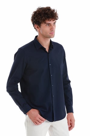 Lacivert Comfort Fit 100% Pamuk Slim Yaka Uzun Kollu Spor Gömlek | M