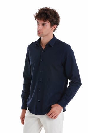 Lacivert Comfort Fit 100% Pamuk Slim Yaka Uzun Kollu Spor Gömlek | M