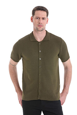 Haki Regular Fit Düz Düğmeli Kısa Kollu Triko Hırka | S