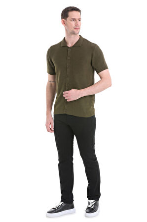 Haki Regular Fit Düz Düğmeli Kısa Kollu Triko Hırka | S