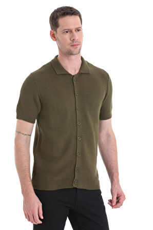 Haki Regular Fit Düz Düğmeli Kısa Kollu Triko Hırka | S