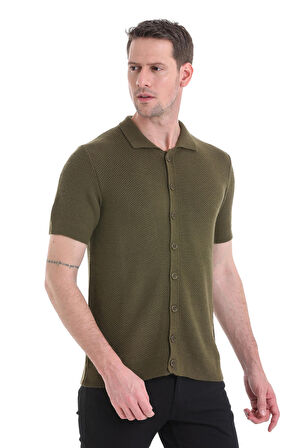 Haki Regular Fit Düz Düğmeli Kısa Kollu Triko Hırka | XL