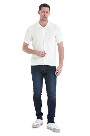 Ekru Regular Fit Düz Düğmeli Kısa Kollu Triko Hırka | M