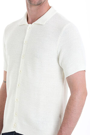 Ekru Regular Fit Düz Düğmeli Kısa Kollu Triko Hırka | M