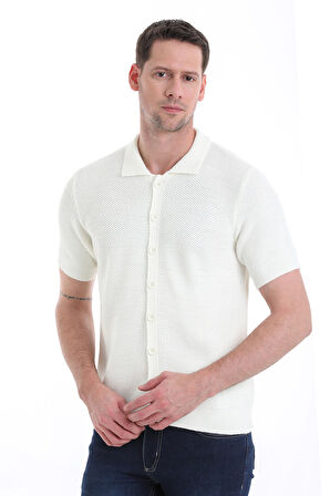 Ekru Regular Fit Düz Düğmeli Kısa Kollu Triko Hırka | XXL