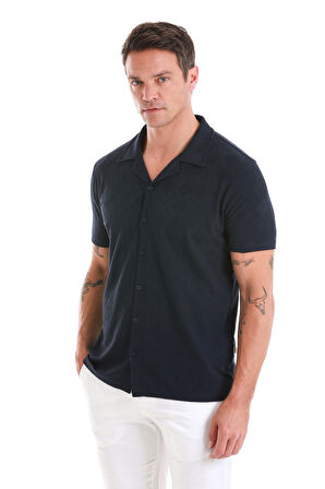 Lacivert Regular Fit Jakarlı Polo Yaka Pamuklu Tişört | L