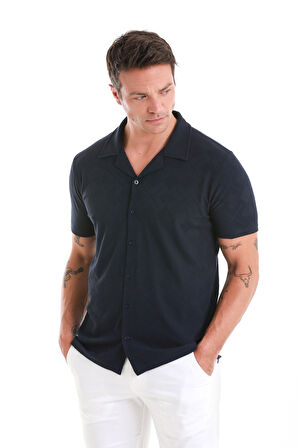 Lacivert Regular Fit Jakarlı Polo Yaka Pamuklu Tişört | L