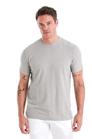 Gri Regular Fit Jakarlı Bisiklet Yaka Tişört | XL