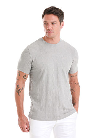 Gri Regular Fit Jakarlı Bisiklet Yaka Tişört | XL