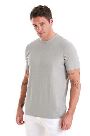 Gri Regular Fit Jakarlı Bisiklet Yaka Tişört | XL
