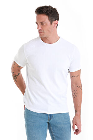Beyaz Regular Fit Jakarlı Bisiklet Yaka Tişört | XXL