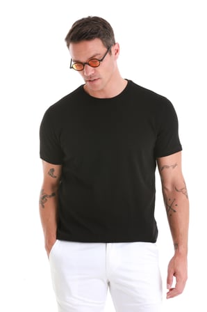 Siyah Regular Fit Jakarlı Bisiklet Yaka Tişört | XXL