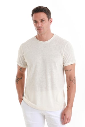 Ekru Regular Fit Düz Bisiklet Yaka Pamuklu Tişört | XL