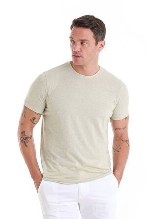 Yeşil Regular Fit Düz Bisiklet Yaka Keten Tişört | XL
