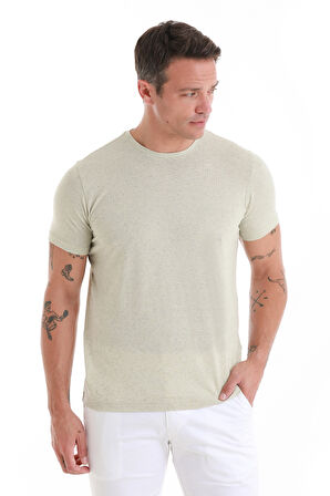 Yeşil Regular Fit Düz Bisiklet Yaka Keten Tişört | XL