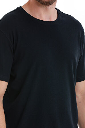 Lacivert Regular Fit Düz Bisiklet Yaka Keten Tişört | L
