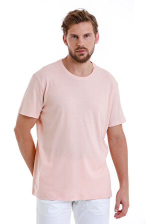 Pembe Regular Fit Düz Bisiklet Yaka Keten Tişört | L