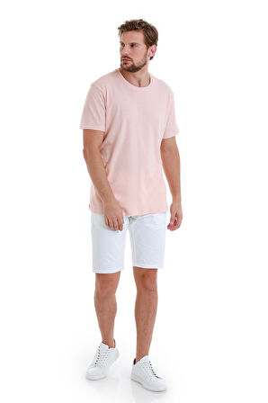 Pembe Regular Fit Düz Bisiklet Yaka Keten Tişört | L