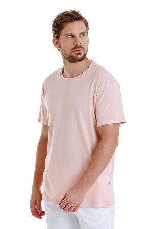 Pembe Regular Fit Düz Bisiklet Yaka Keten Tişört | L