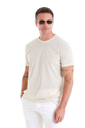 Bej Regular Fit Jakarlı Bisiklet Yaka Keten Tişört | XL