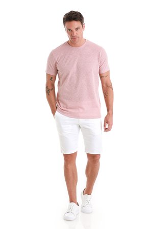 Pembe Regular Fit Jakarlı Bisiklet Yaka Keten Tişört | XL