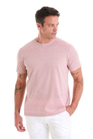 Pembe Regular Fit Jakarlı Bisiklet Yaka Keten Tişört | XL