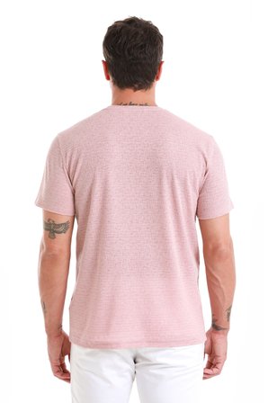 Pembe Regular Fit Jakarlı Bisiklet Yaka Keten Tişört | XL