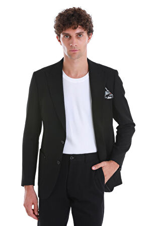 Siyah Comfort Fit Düz Sivri Yaka Klasik Ceket | 56