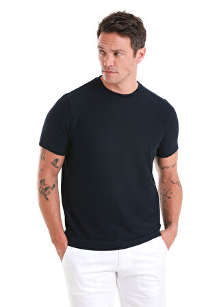 Lacivert Regular Fit Düz Bisiklet Yaka Tişört | M