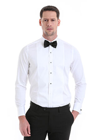 Beyaz Comfort Fit Düz 100% Pamuklu Slim Yaka Manşetli Uzun Kollu Saten Klasik Gömlek | 3XL