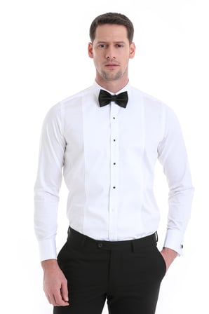 Beyaz Comfort Fit Düz 100% Pamuklu Slim Yaka Manşetli Uzun Kollu Saten Klasik Gömlek | S