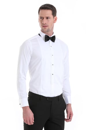 Beyaz Comfort Fit Düz 100% Pamuklu Slim Yaka Manşetli Uzun Kollu Saten Klasik Gömlek | S