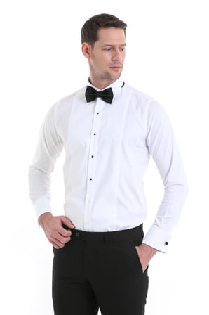 Beyaz Comfort Fit Düz 100% Pamuklu Slim Yaka Manşetli Uzun Kollu Saten Klasik Gömlek | S