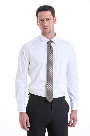 Beyaz Comfort Fit Düz 100% Pamuklu Slim Yaka Manşetli Uzun Kollu Saten Klasik Gömlek | L