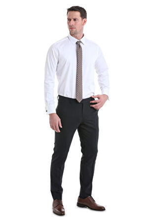 Beyaz Comfort Fit Düz 100% Pamuklu Slim Yaka Manşetli Uzun Kollu Saten Klasik Gömlek | L