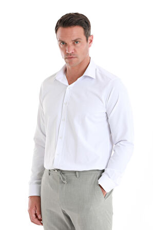 Beyaz Slim Fit Desenli Slim Yaka Pamuklu Uzun Kollu Gömlek | M