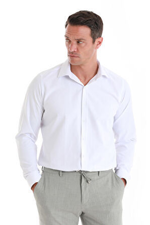 Beyaz Slim Fit Desenli Slim Yaka Pamuklu Uzun Kollu Gömlek | M