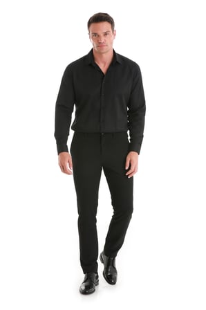 Siyah Slim Fit Desenli Slim Yaka Pamuklu Uzun Kollu Gömlek | M
