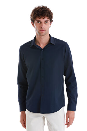 Lacivert Slim Fit Düz Slim Yaka Pamuklu Uzun Kollu Gömlek | M