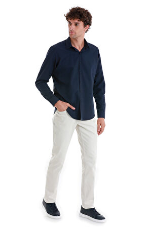 Lacivert Slim Fit Düz Slim Yaka Pamuklu Uzun Kollu Gömlek | M