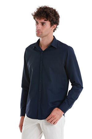 Lacivert Slim Fit Düz Slim Yaka Pamuklu Uzun Kollu Gömlek | M