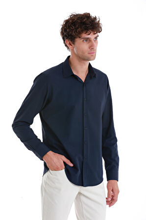 Lacivert Slim Fit Düz Slim Yaka Pamuklu Uzun Kollu Gömlek | M
