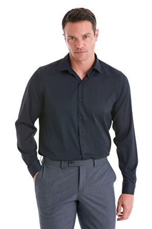 Lacivert Comfort Fit Düz Slim Yaka Uzun Kollu Gömlek | M