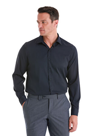 Lacivert Comfort Fit Düz Slim Yaka Uzun Kollu Gömlek | M