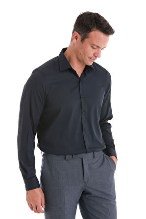 Lacivert Comfort Fit Düz Slim Yaka Uzun Kollu Gömlek | M