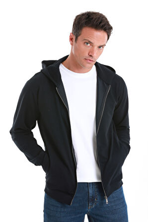Lacivert Regular Fit Düz Pamuklu Fermuarlı Sweatshirt | M