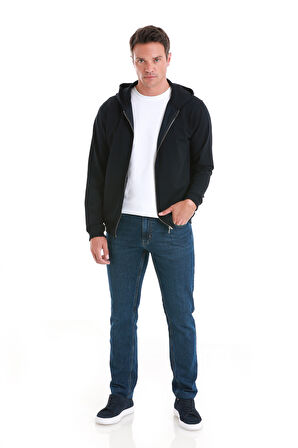 Lacivert Regular Fit Düz Pamuklu Fermuarlı Sweatshirt | M