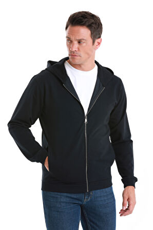 Lacivert Regular Fit Düz Pamuklu Fermuarlı Sweatshirt | M